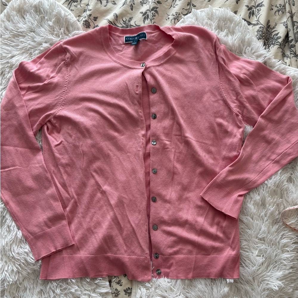 Karen Scott Pink Button Front Cardigan Sweater Size Large Classic Knit